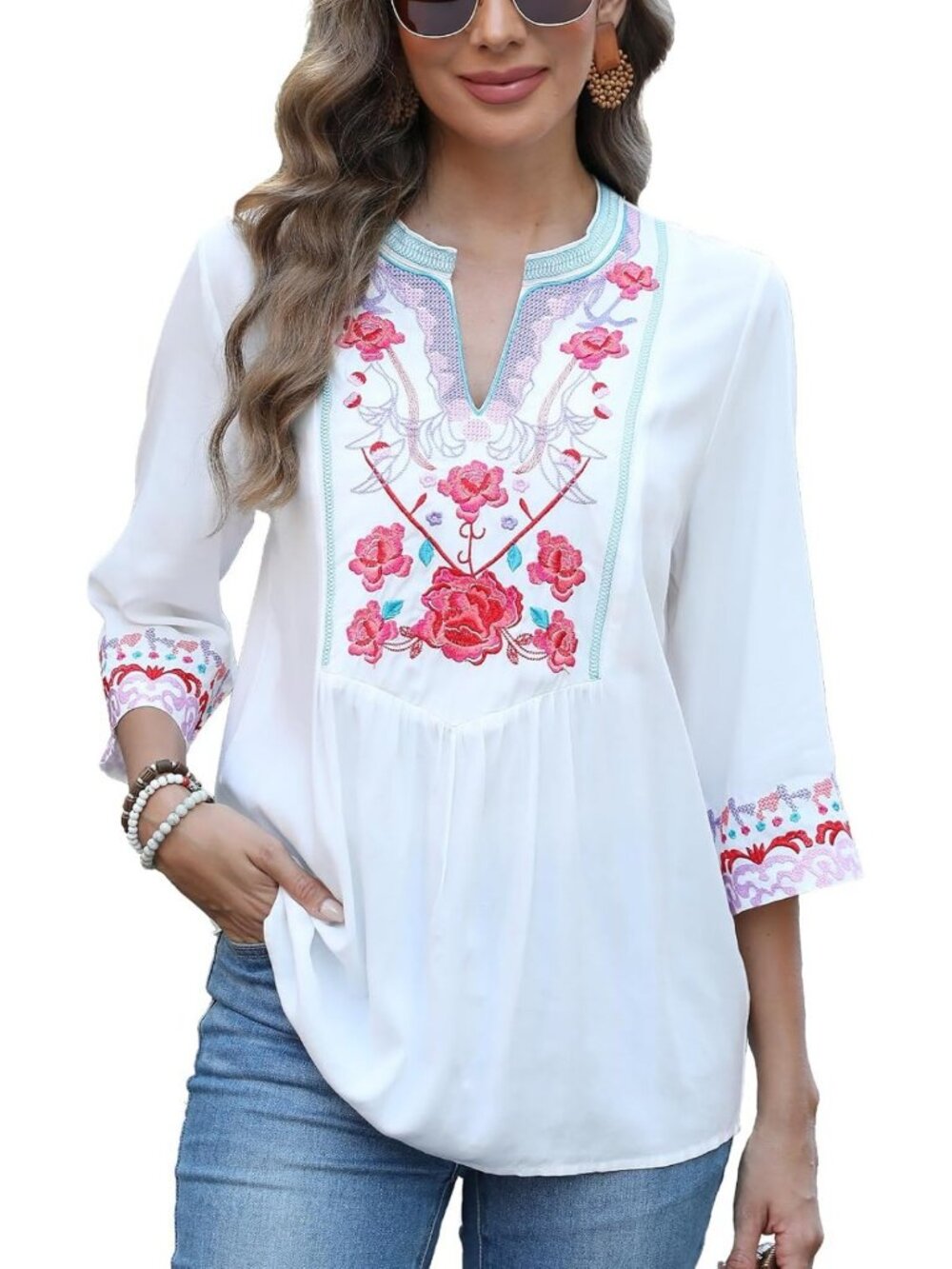 Boho Floral Embroidered Tunic Top | 3/4 Sleeve Peasant Blouse for Women